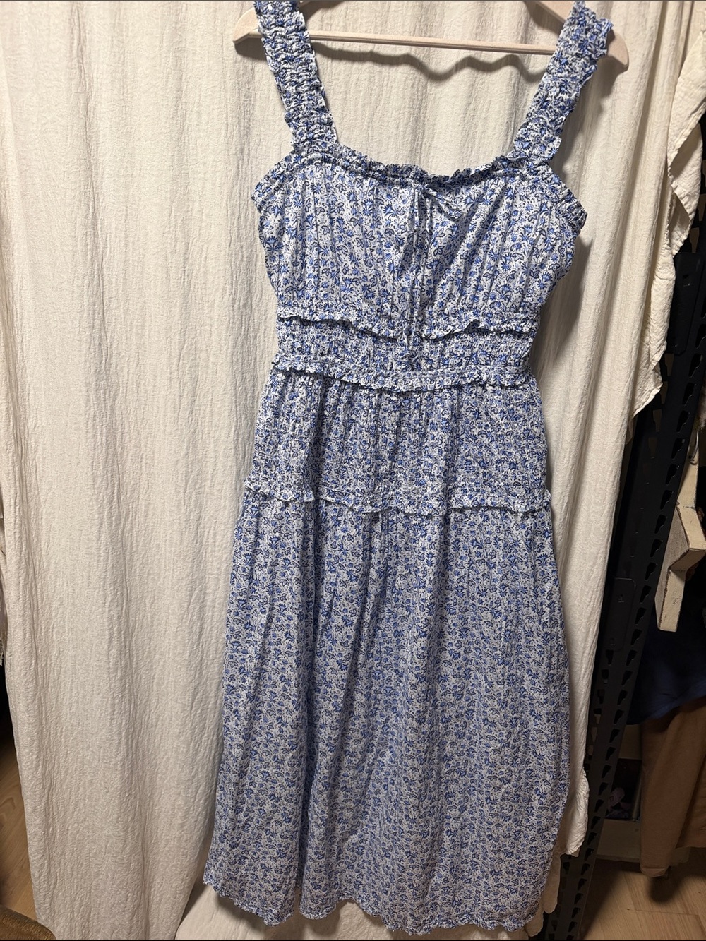 Blue Floral Smocked Midi Dress with Ruffled Straps
